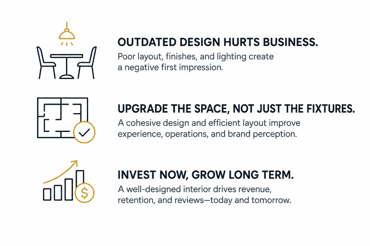 Restaurant interior design infographic highlighting how modern layouts, cohesive finishes, and strategic lighting improve customer experience and long-term business revenue